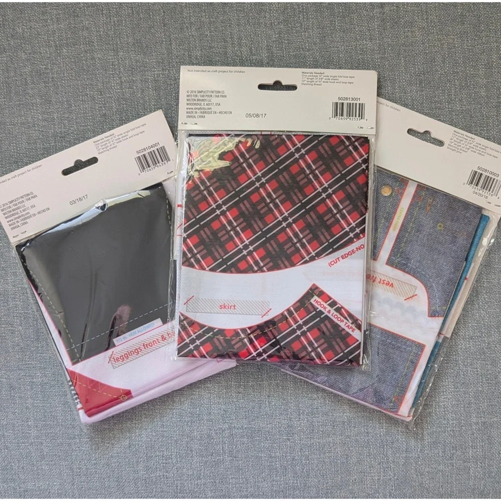 Simplicity 18 in Doll Clothes to Cut & Sew Fabric Kits Lot of 3 Plaid‎ Denim Red